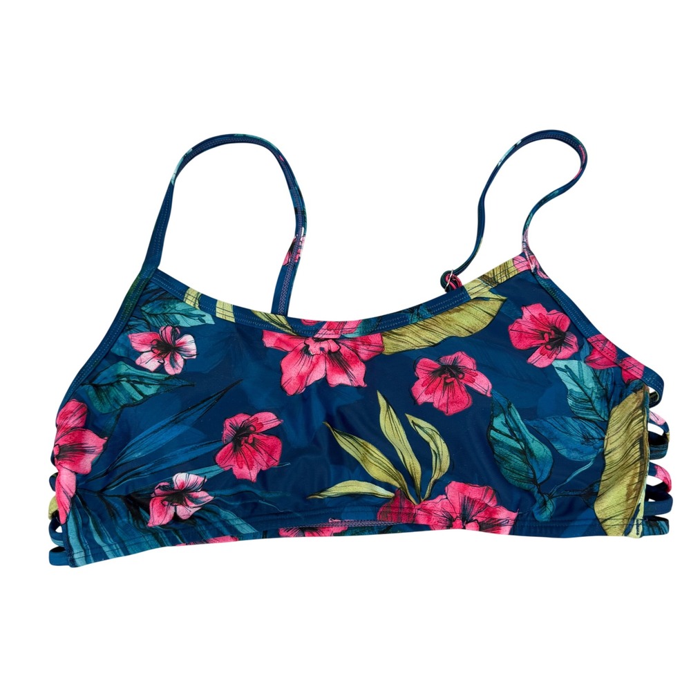 Kona Sol Bikini Top Womens Medium Blue Pink Excellent Tropical Caged Strappy
